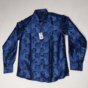 Barry Wang Blue Paisley Long Sleeve Mens Dress Shirt Small Sz Button Down